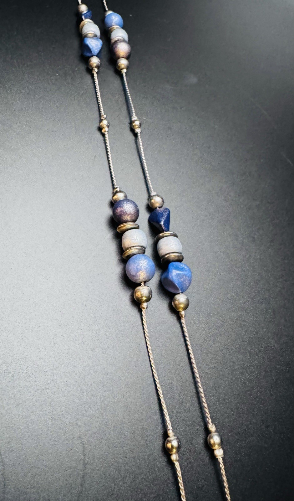 Long Silver Tone Necklace with Blue Stone Beads – Station Style – 26”