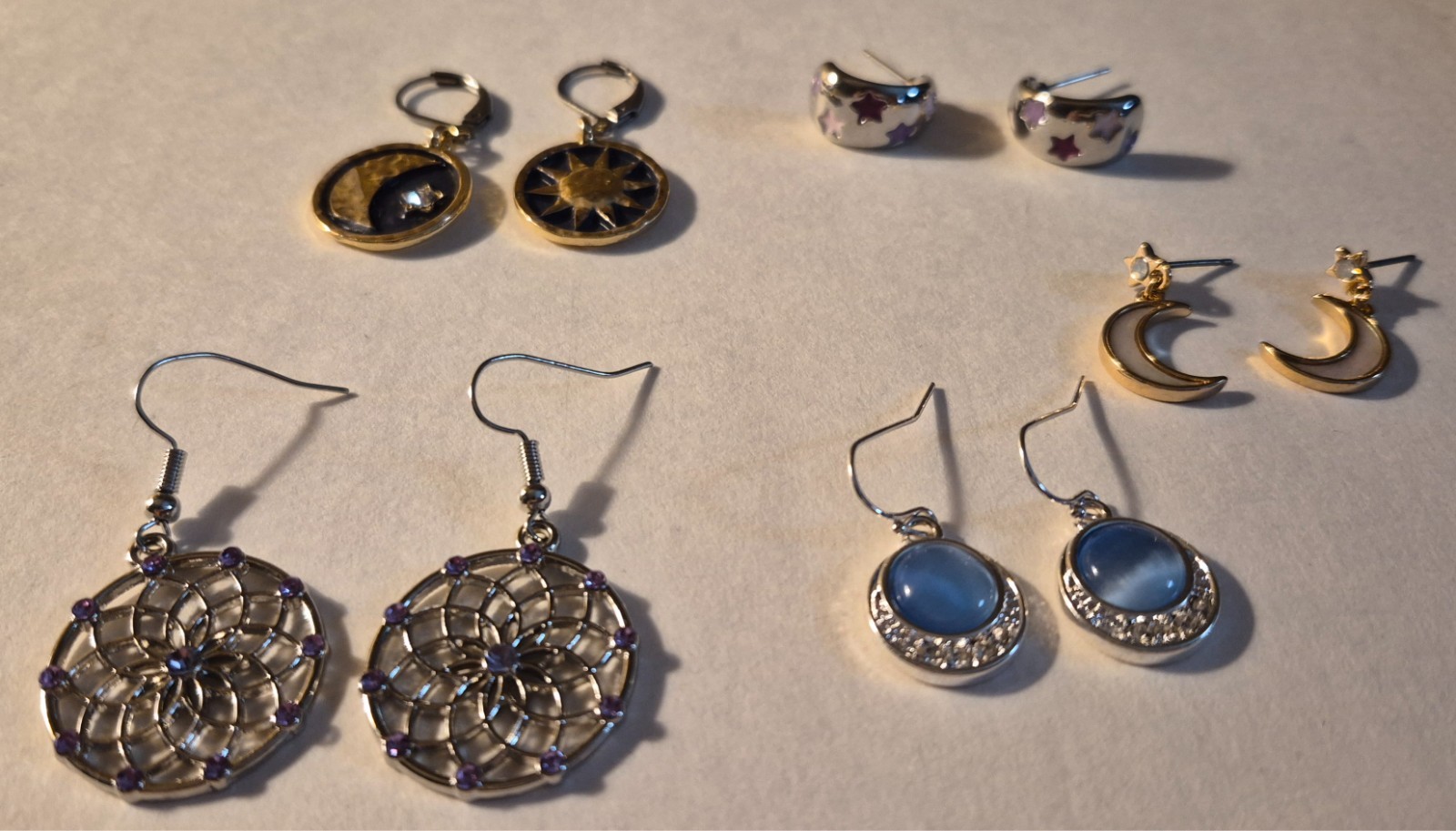 Moon Stars Shape Earrings Lot Silver Gold Dangle Drop 5 Pair Pierced Enamel Gems