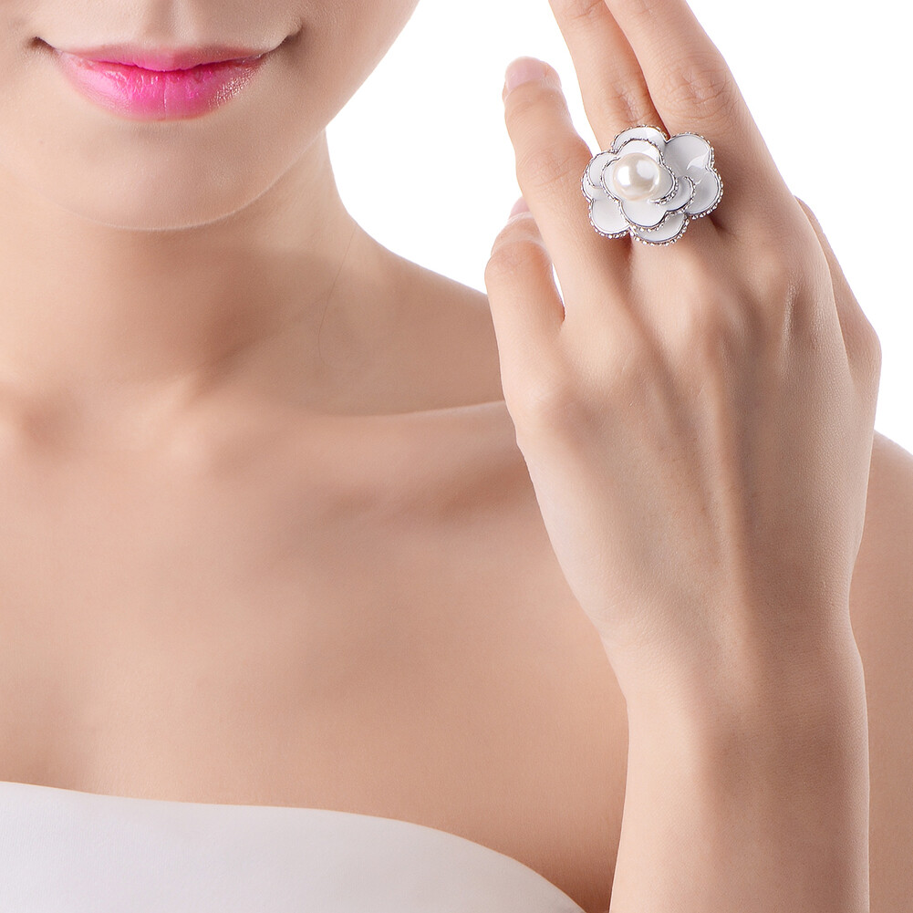 Womens Platinum Plated Ceramic Elegant Pearl CZ Crystal Flower Vogue Ring #DR111