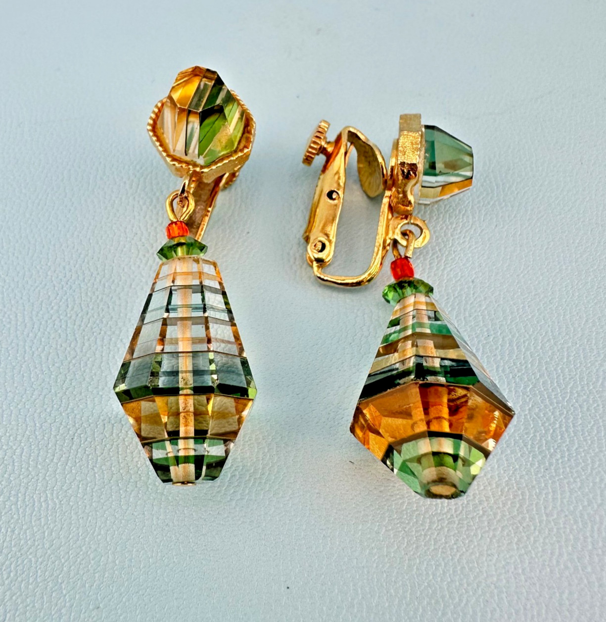 Vintage Vendome Art Glass Dangle Earrings Faceted Green Orange Yellow Bands