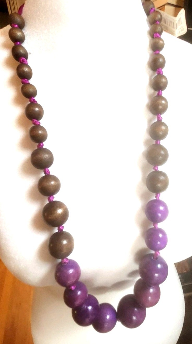 Wooden Beaded Necklace Purple Brown Beads Adjustable statement natural jewelry