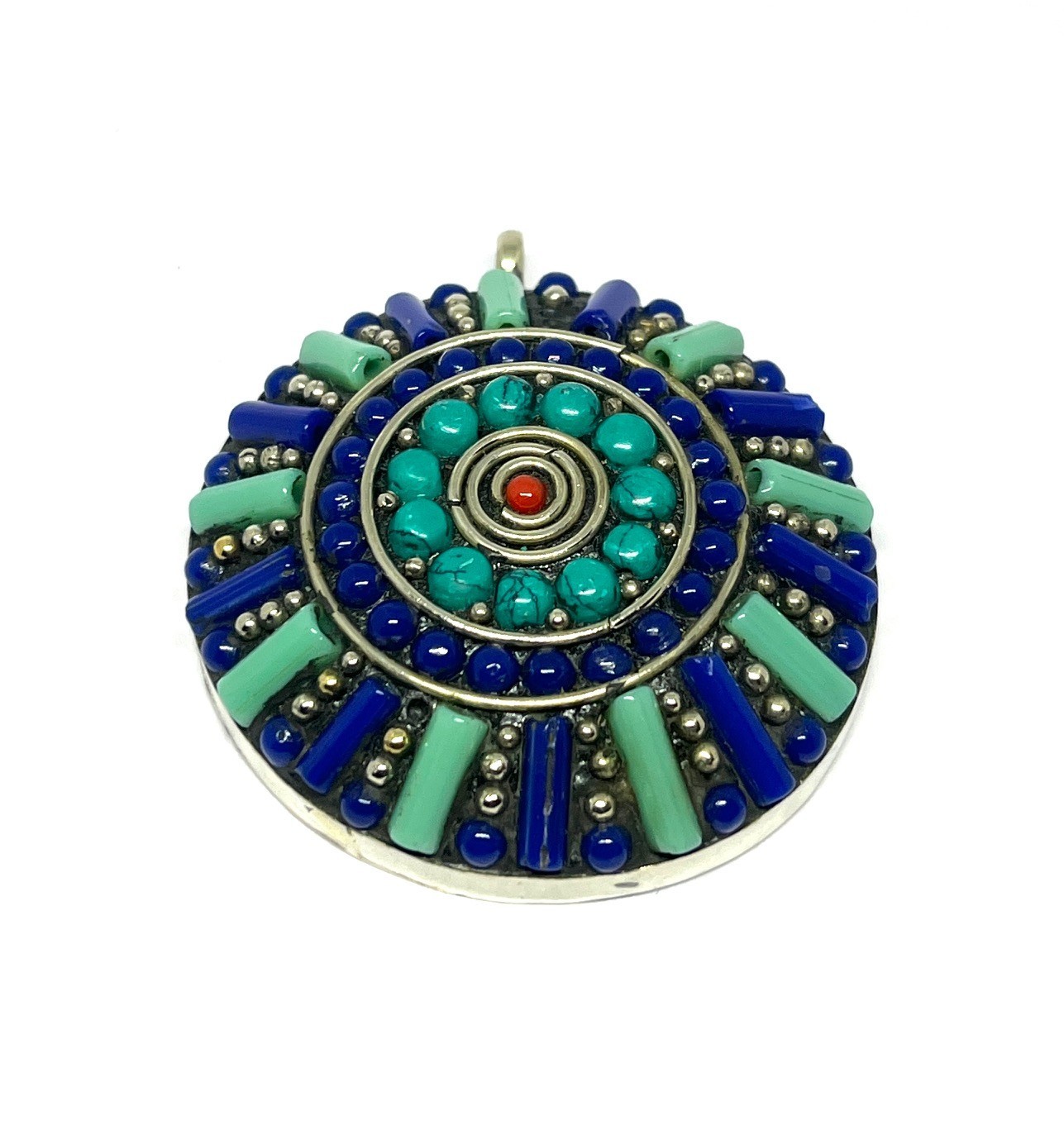 Antique Lapis Turquoise Gemstone Tibetan Statement Pendant Jewelry, 2.0 inch