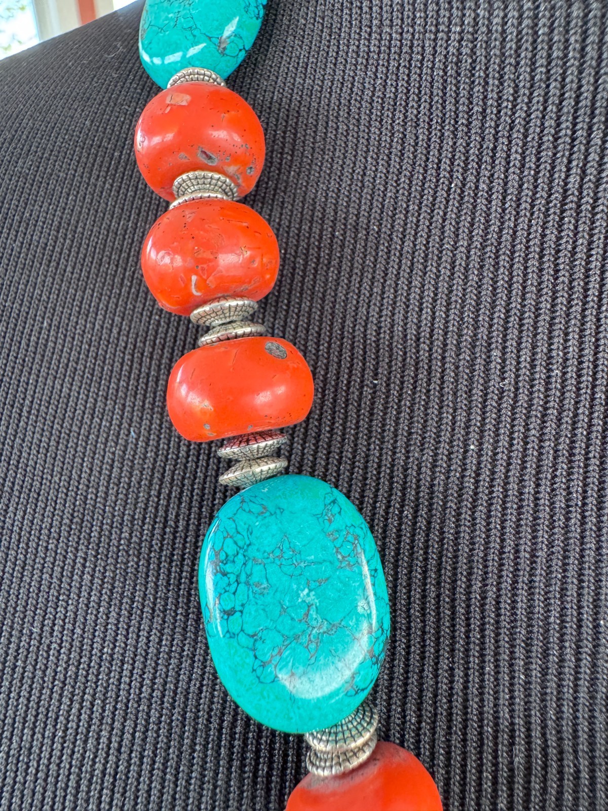 Silver Garuda pendant strung with natural coral and turquoise