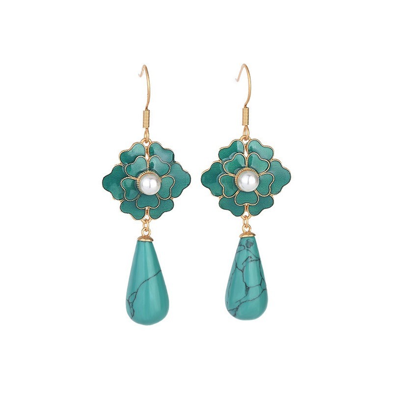 Blue Flowers Manmade Turquoise Drop Stone 18k Gold Plated Earrings