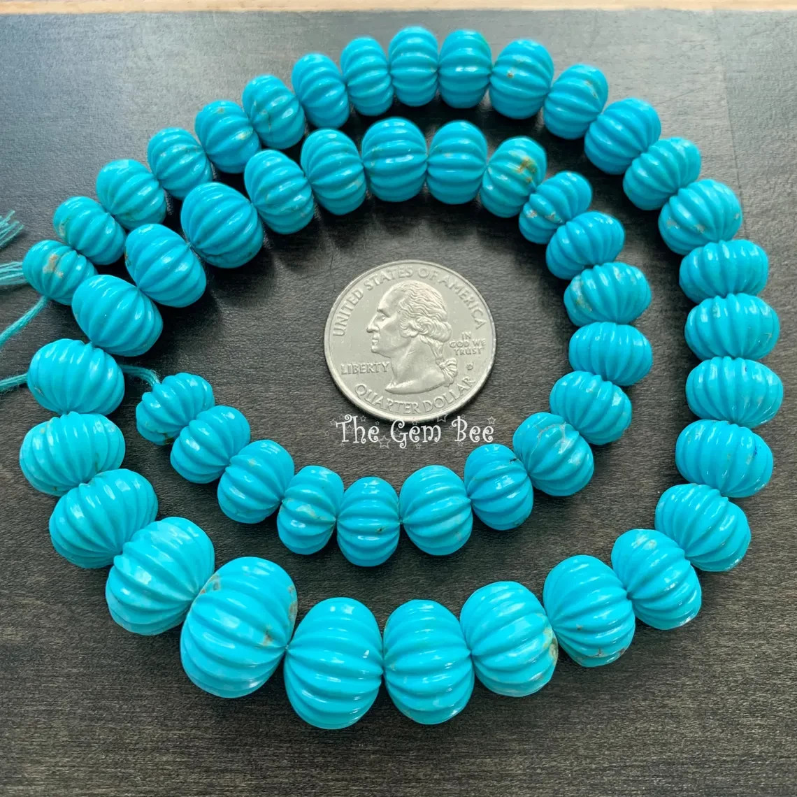 10.3MM-16MM Kingman Turquoise Hand Carved Melon Fluted Rondelle Bead 16.5 inch