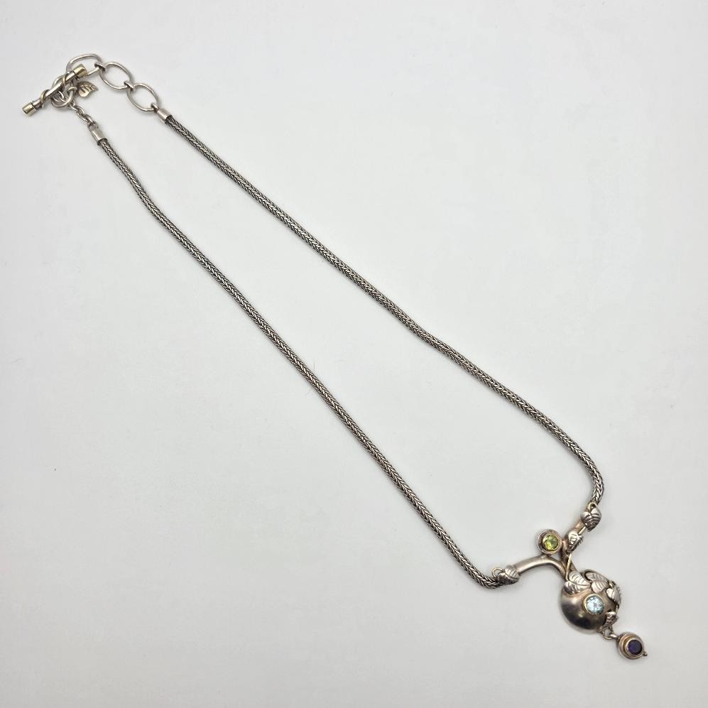 925 Sterling Silver & Gold Accent Multi-Gemstone Leaf & Vine Toggle Necklace