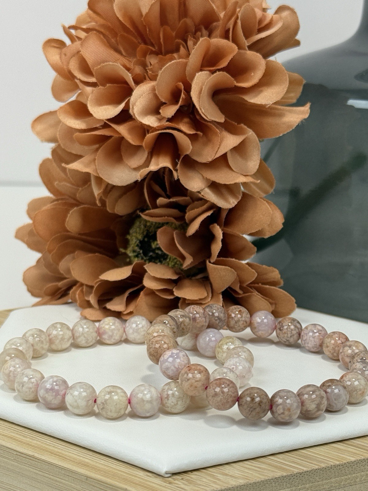 Flower Agate Pink Bead Bracelet 8MM Set Of 2