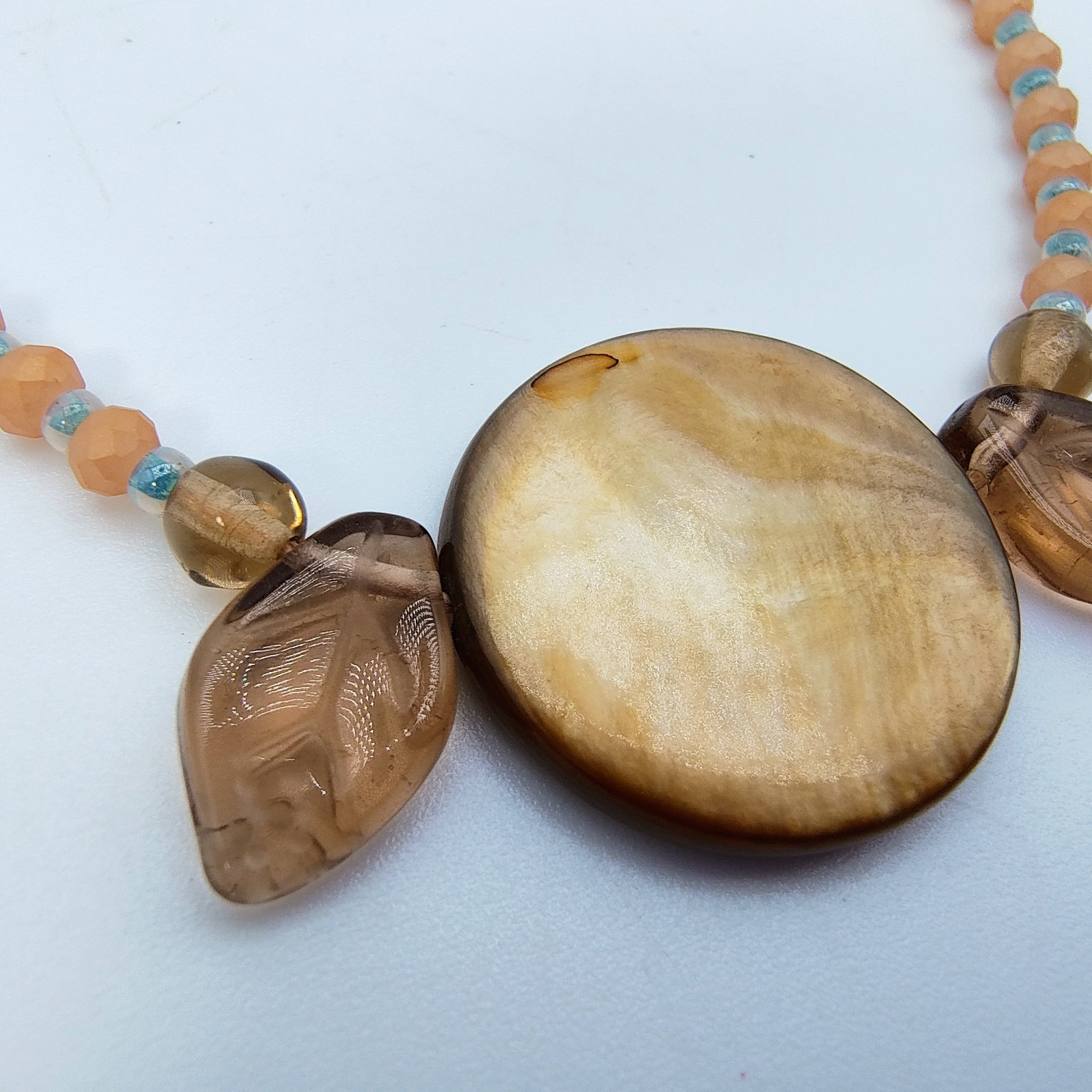 Vintage Artisan Art Glass Leaves & Disc Peach Beaded Necklace Romantic Boho