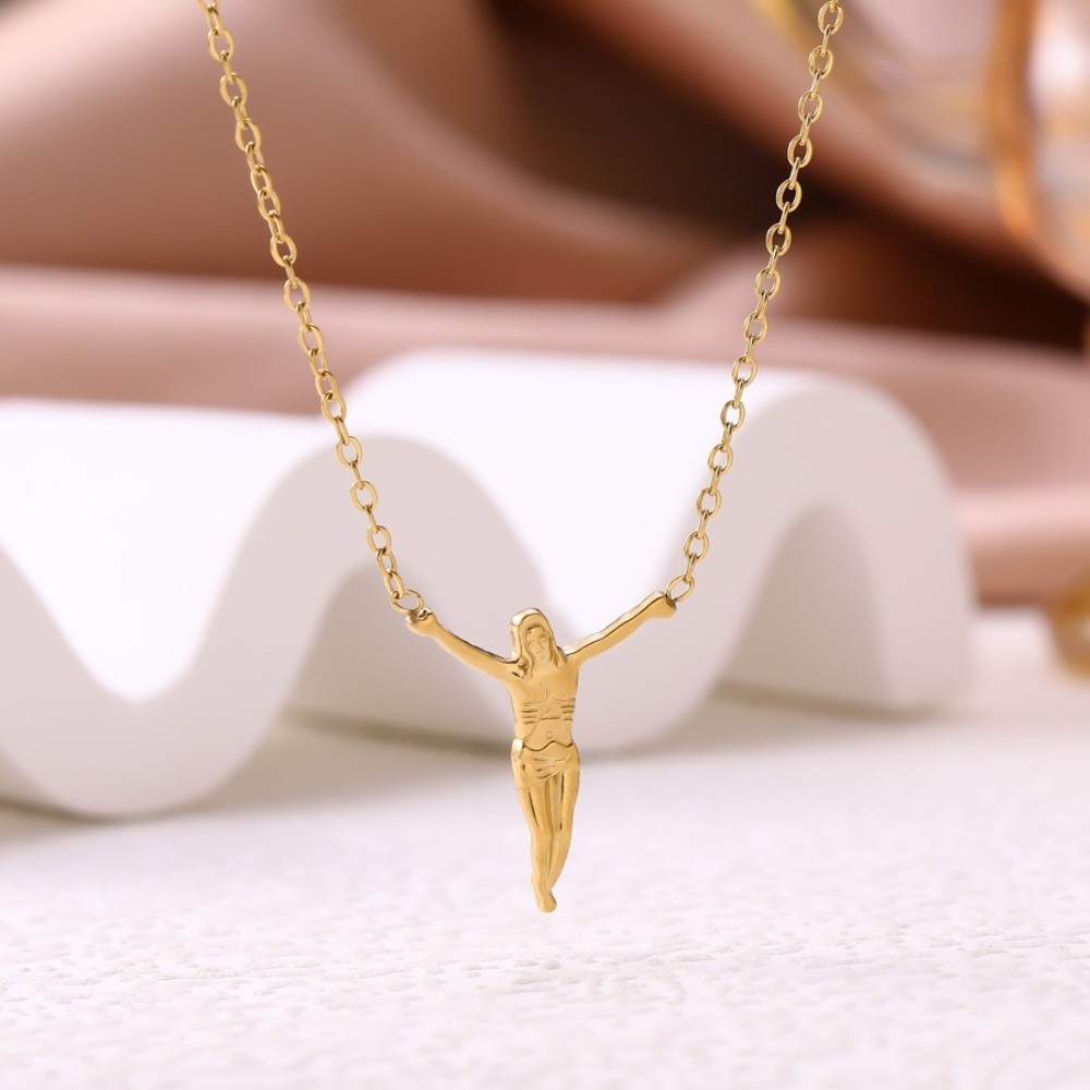 Cross Angel Statue Titanium Steel Golden Portrait Pendant Hip-hop Necklace Gift