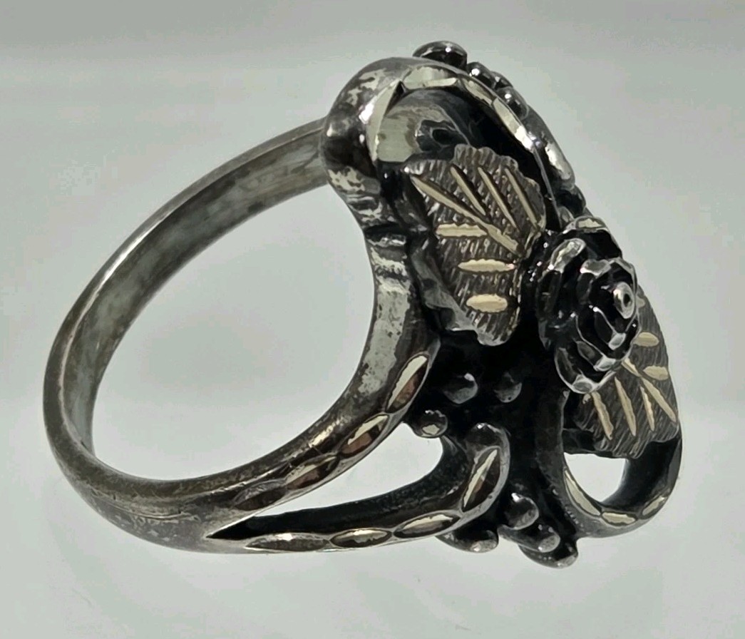 Wheeler Manufacturing Co. 925 Sterling Silver Ring Rose & Leaves Etched SZ 6.75