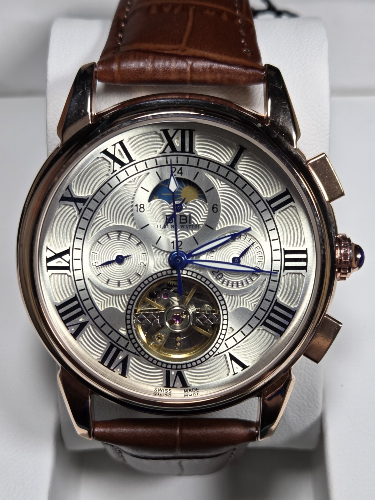 BIBI Luxury Watch B0103 Silver Dial, Rose Gold Case, With Brown Leather Strap