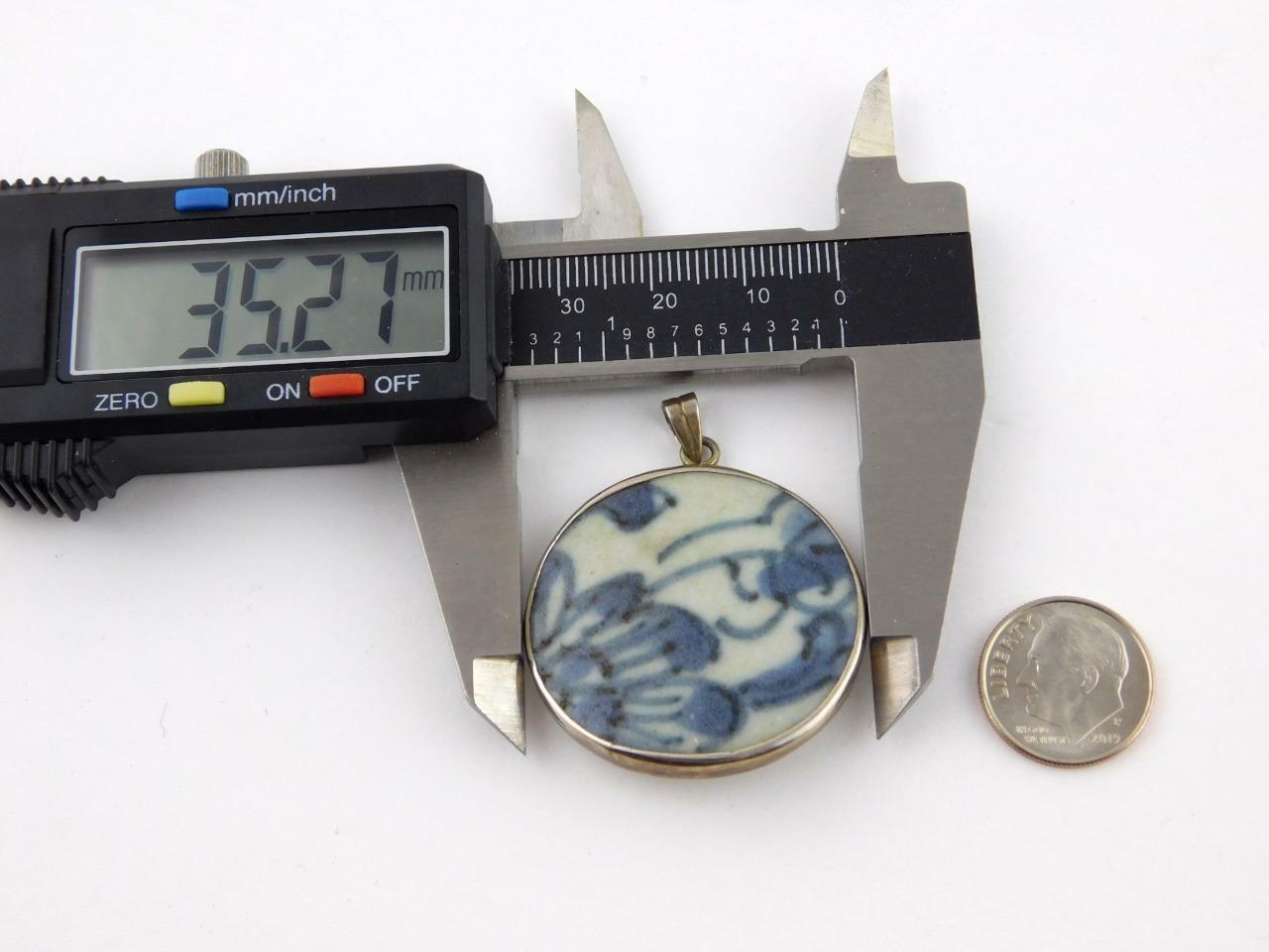 Vintage Sterling Silver Blue and White Floral Porcelain Pendant 925