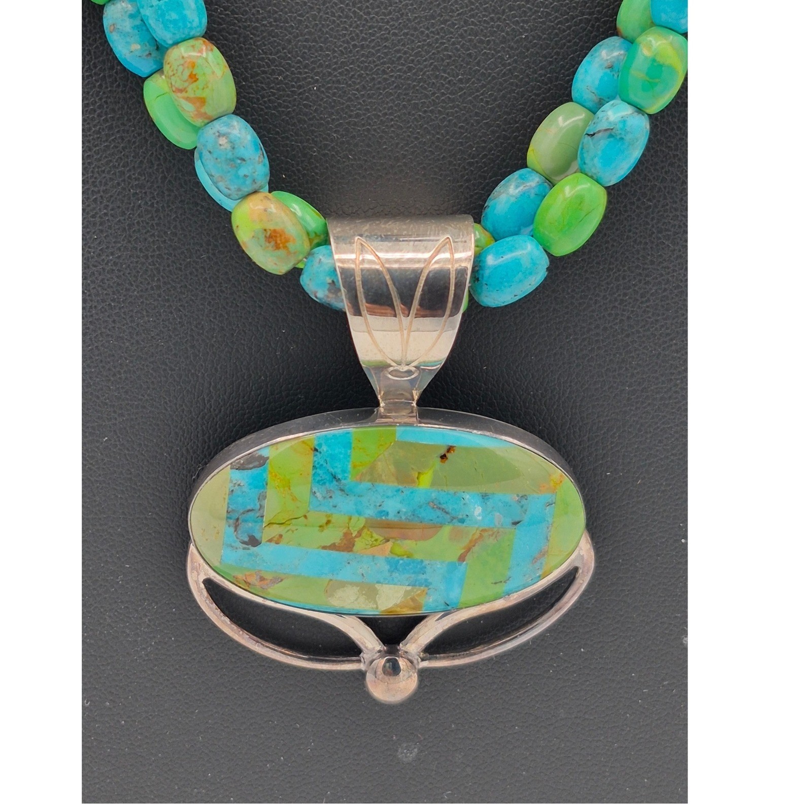 Vintage Jay King Necklace Turquoise Green Mojave Inlay Pendant Double Strand 925