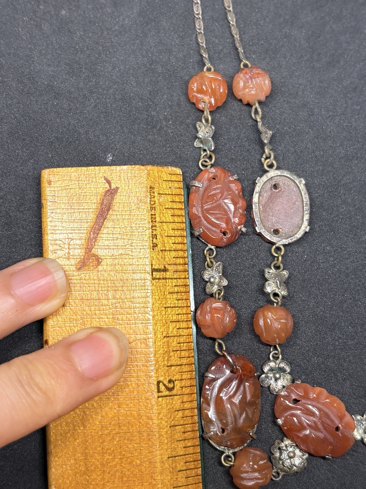 Vintage Chinese Export Silver Tone Filigree Carved Carnelian Lavalier Necklace