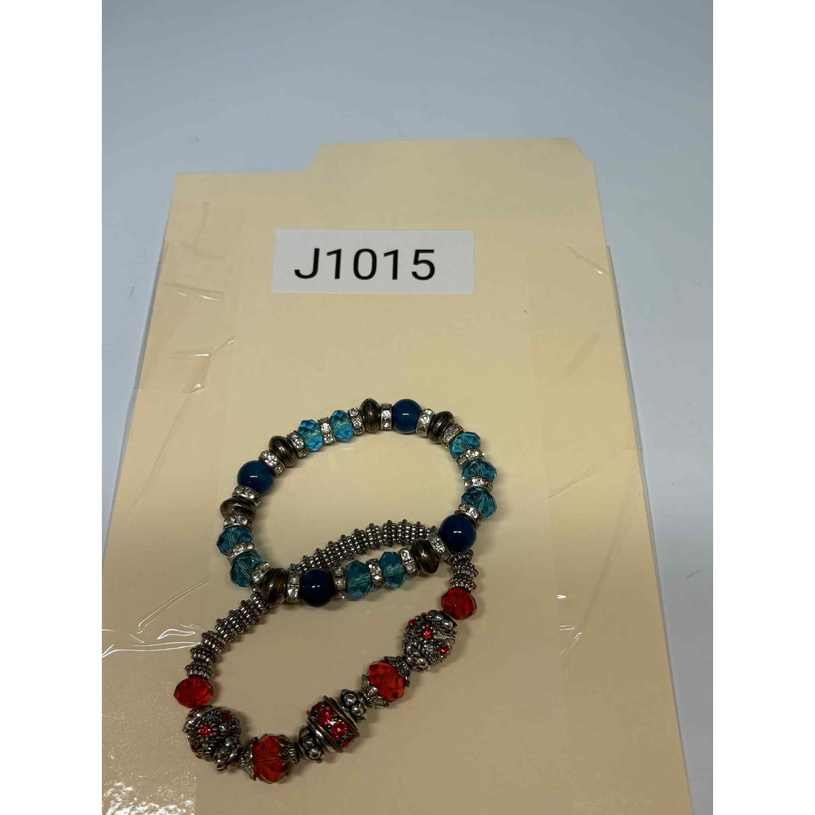 Blue and Red Beaded Stretch Bracelets with Rhinestone Accents Silver Tone Lot
