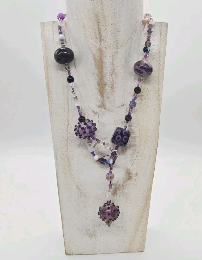 Purple Glass Necklace Bold Art Chunky Bead Statement Shades of Purple 21 in
