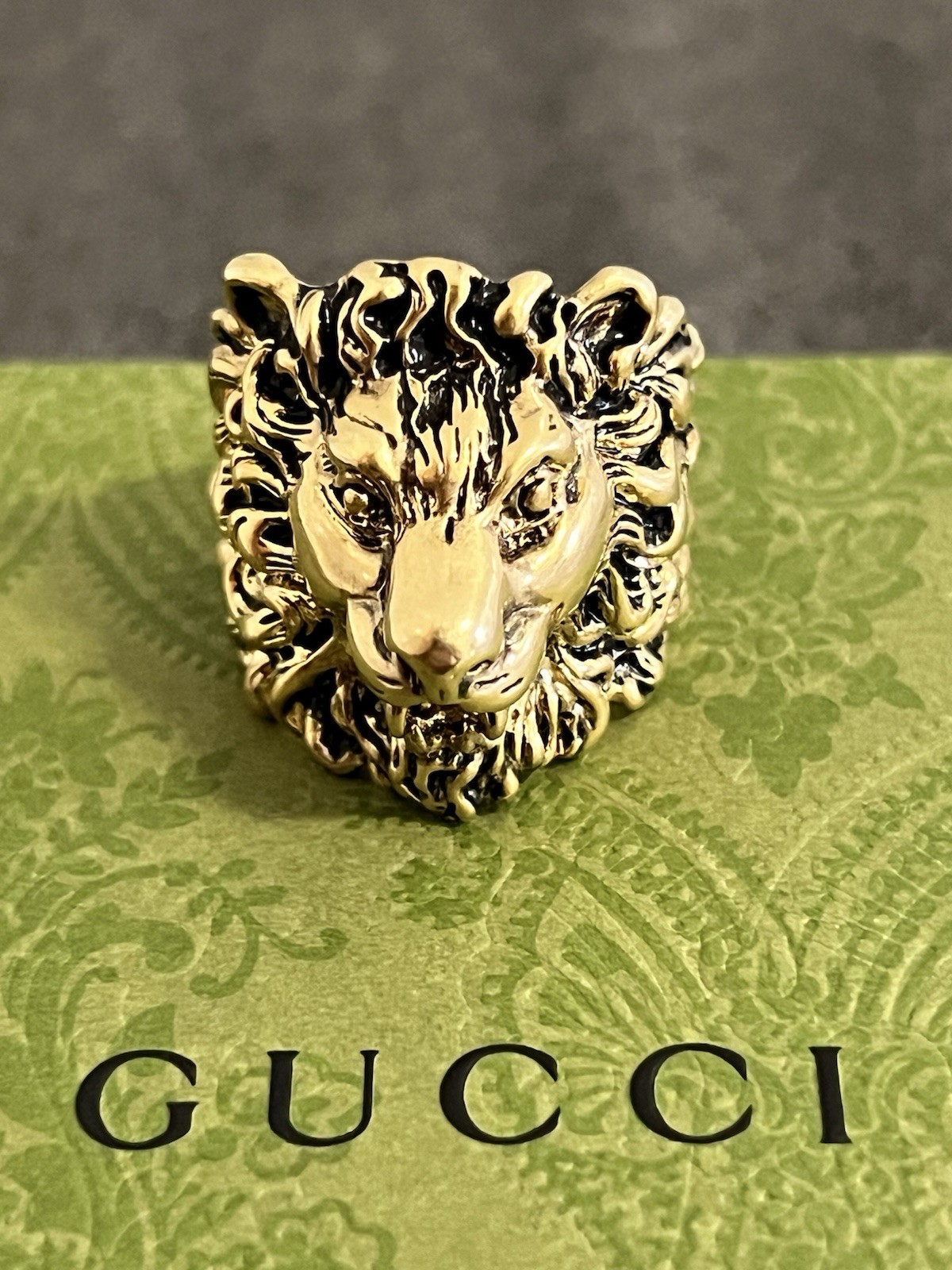 Gucci Lion Head Ring Gold Metal Rare Size IT25 US11 65mm Cat Feline Tiger Garden