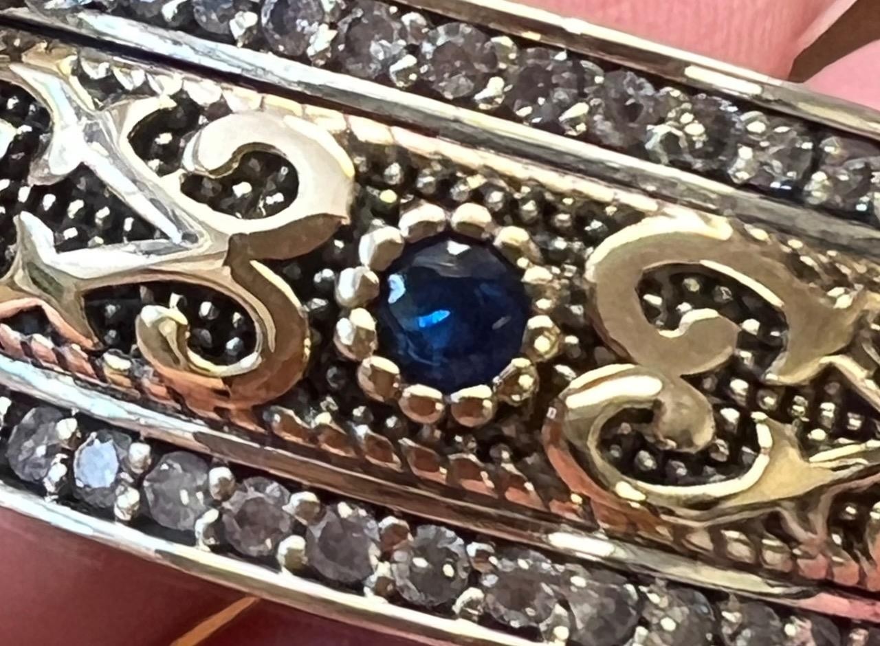 REAL Diamond Blue Sapphire BAND SOLID 14K Y Gold 925 Ring SZ 10 1/4 Etruscan Rev
