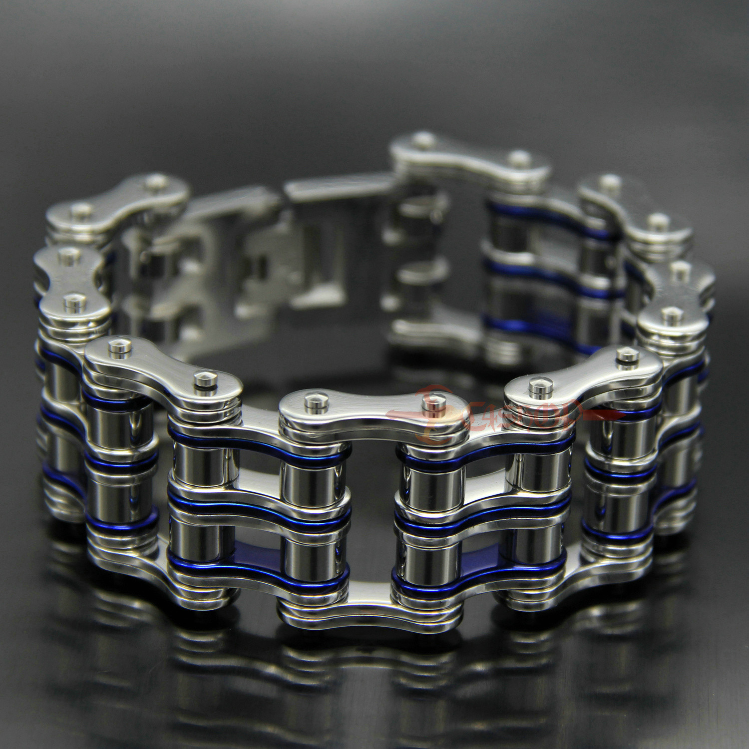 Men’s Heavy Stainless Steel Motorcycle Bike Chain Bracelet Silver/Blue 27mm Wide