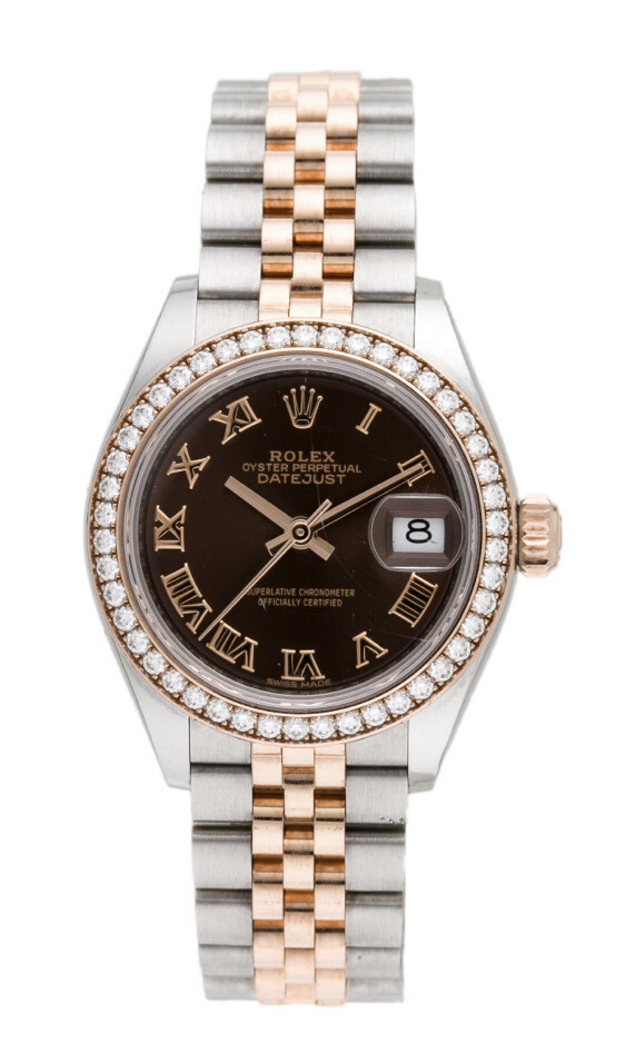 Rolex Lady Datejust 28: Steel&Rose Band, Chocolate Dial, 46 Diamond Bezel