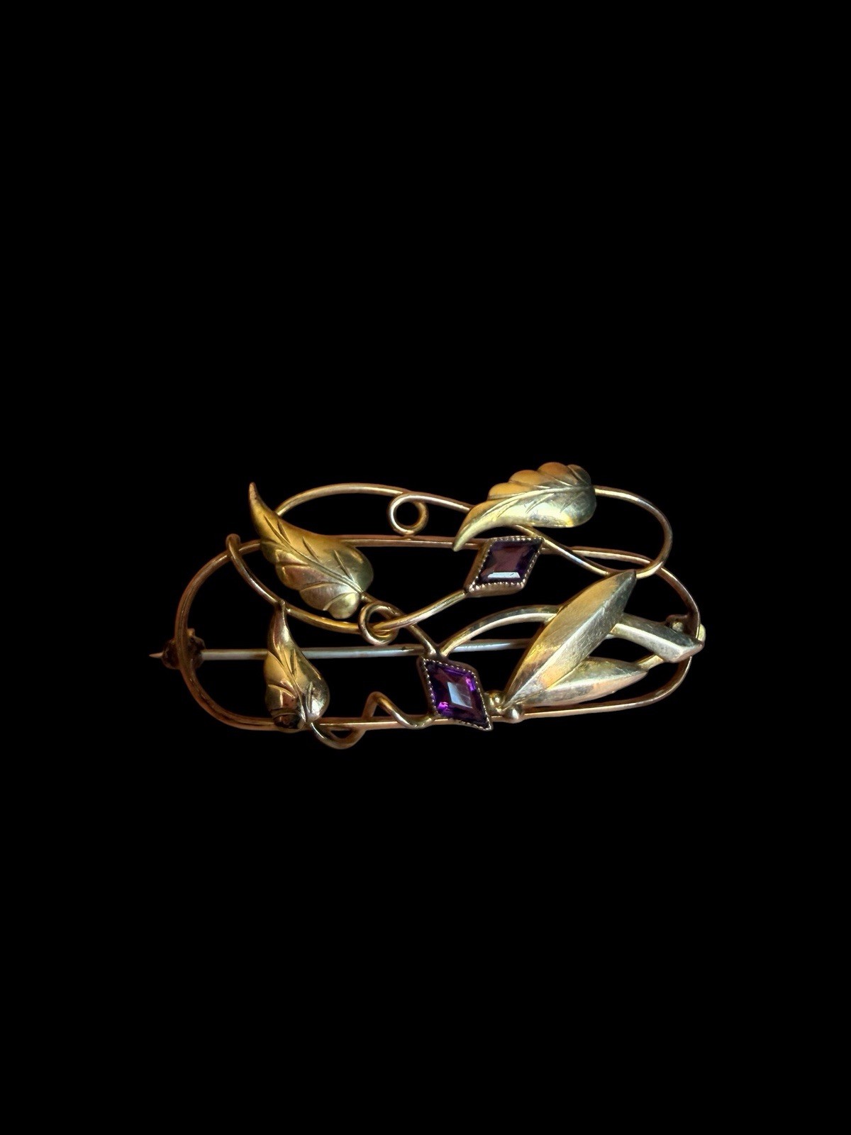 Older Gold Filled Floral Brooch With Purple Stone Accents