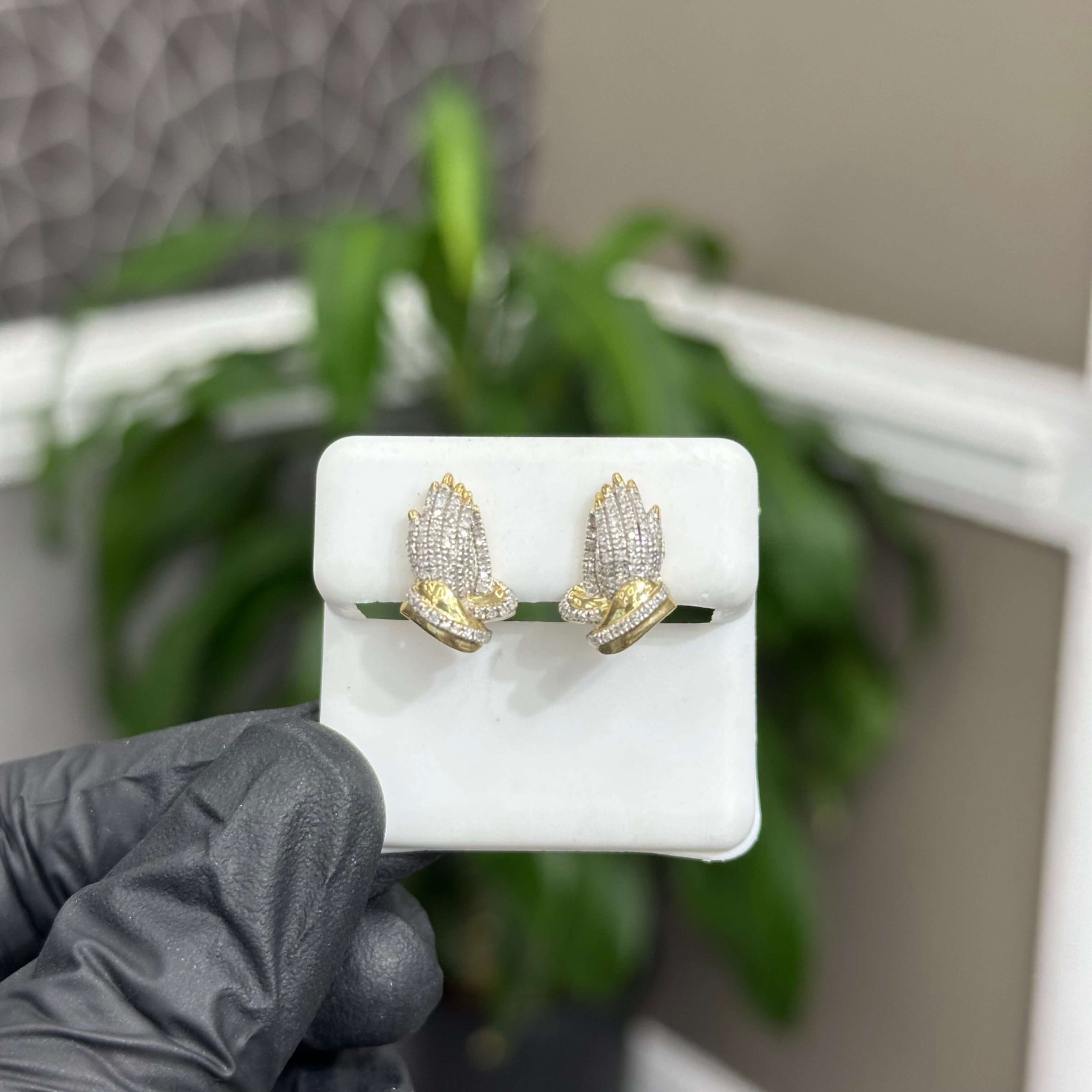 Genuine Natural Diamond Praying Hands Stud Earrings 0.29 CTW 10k Real Gold