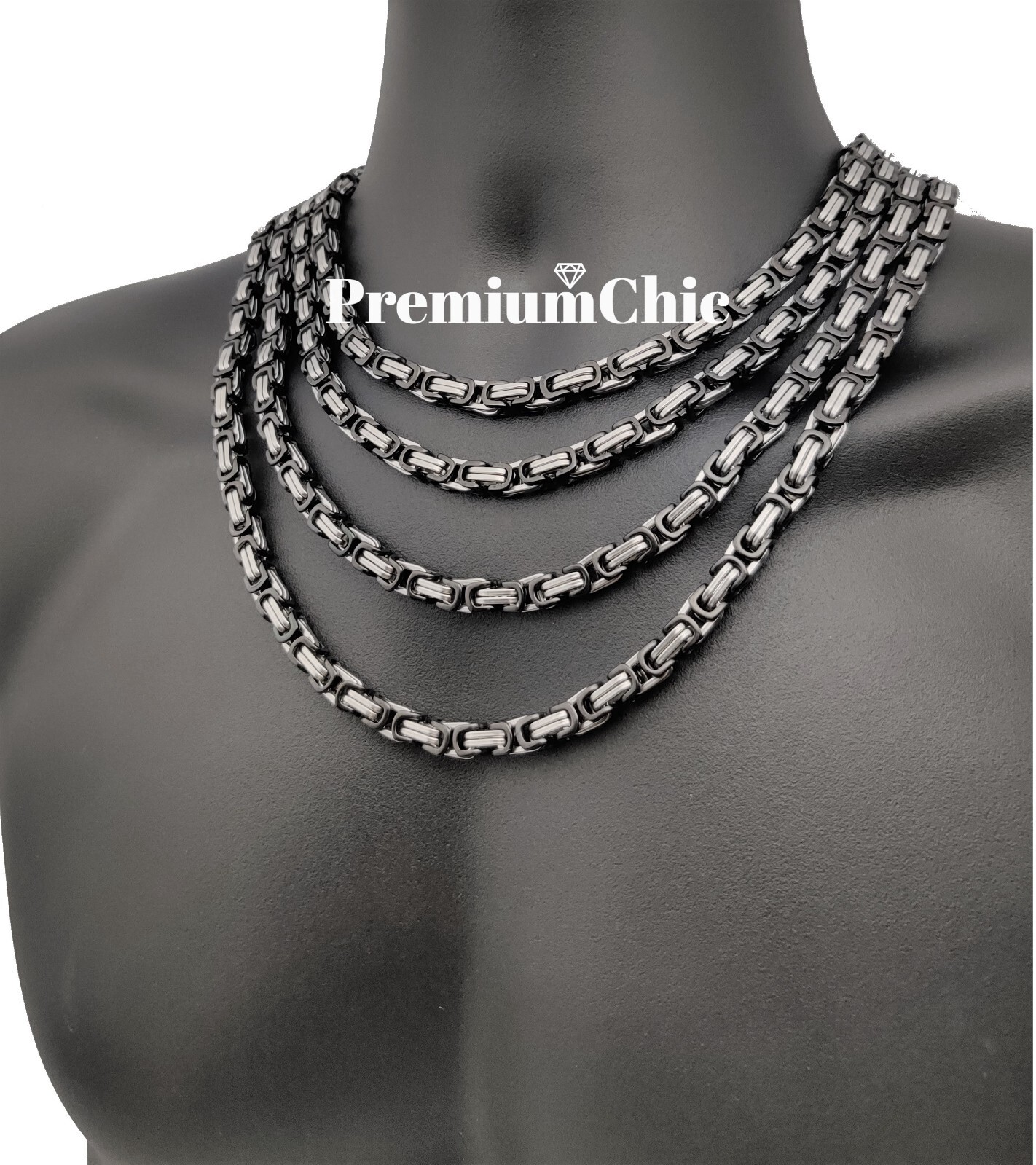 Mens Byzantine Box Necklace Solid Stainless Steel Chain Silver/Black/Gold Plated