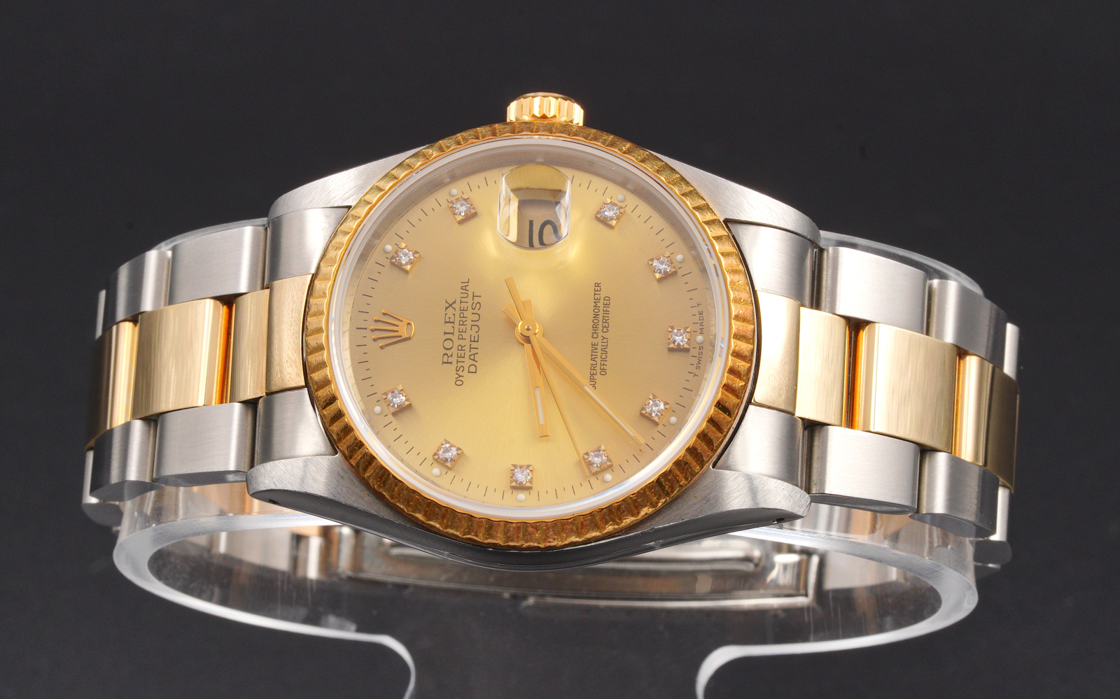 Mens Rolex 2Tone Yellow Gold Stainless Steel Datejust Gold Diamond Dial 16233