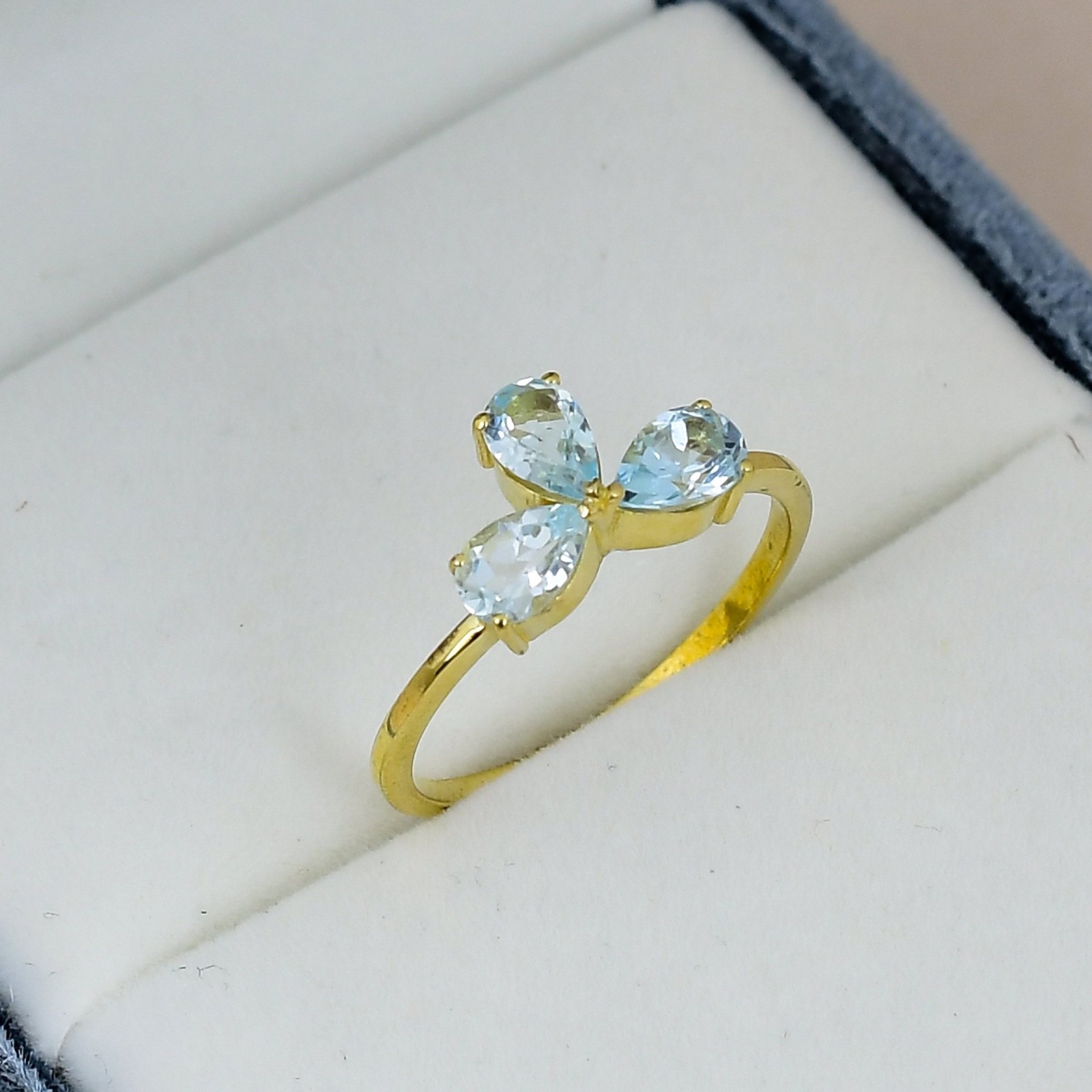 Blue Topaz Three Stone 18K Gold Plated Ring Pear Promise Gift for Her Jewelry