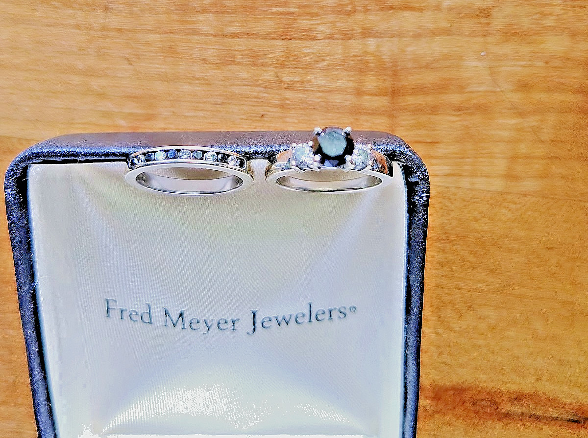 14K Gold Black/White Diamond Wedding Set & Men’s Blue Diamond Cross-Fred Meyer
