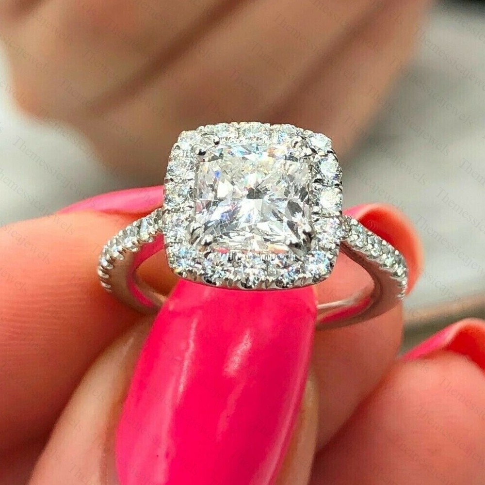 2.76 TCW Cushion Cut Moissanite Halo Engagement Ring In 14k White Gold Plated