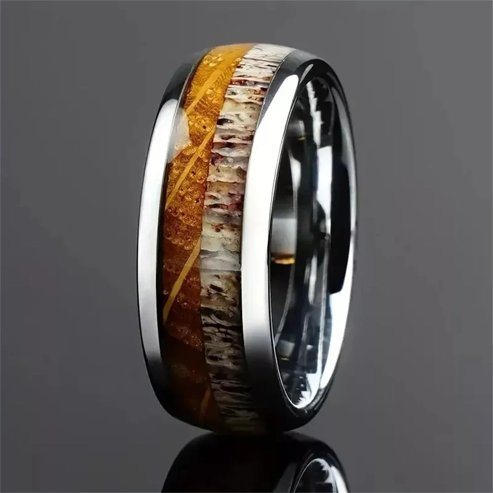 Bagues en acier inoxydable pour hommes, 8mm, couleur argent, bois de cerf brossé