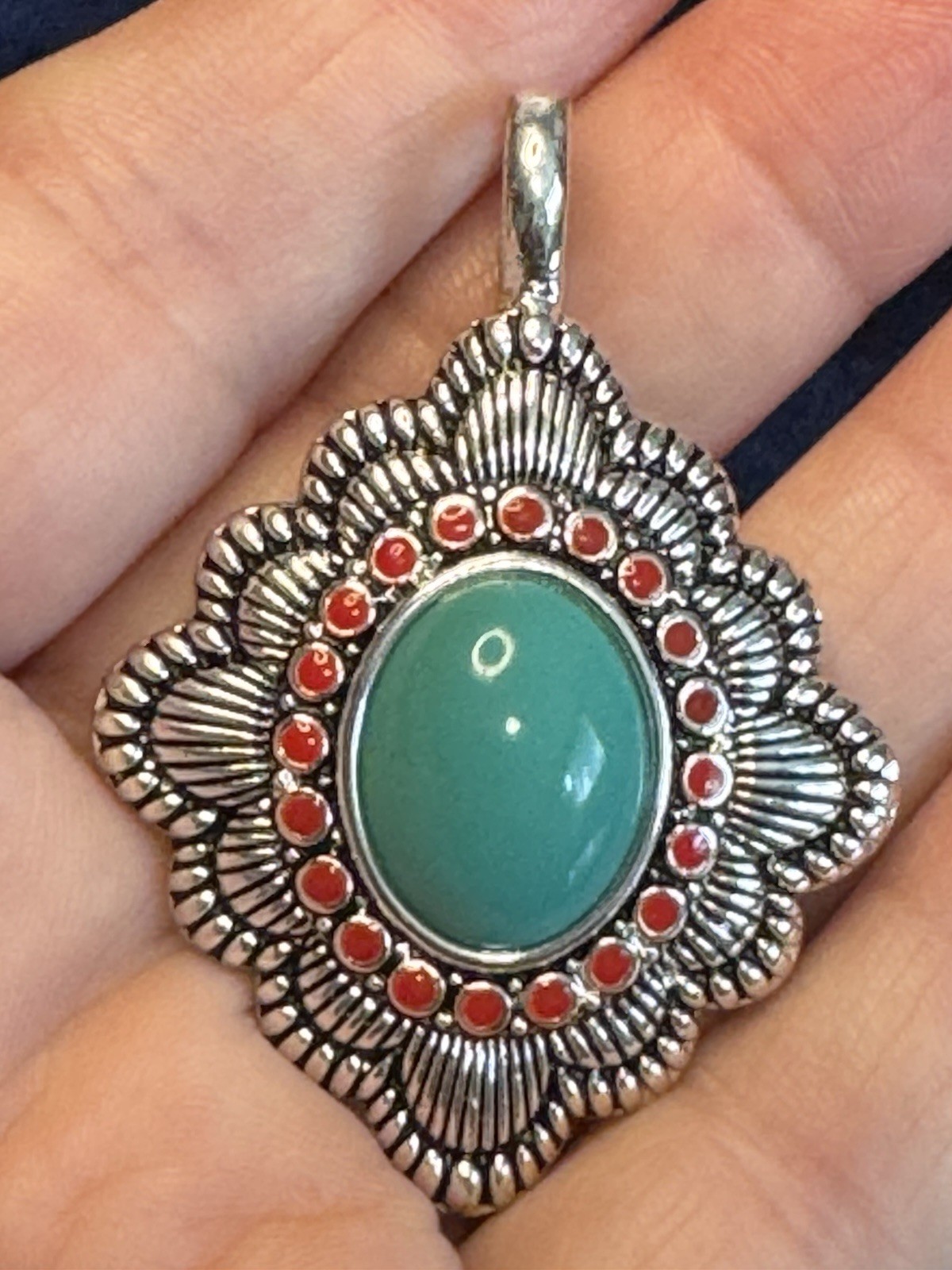 Vintage Southwest Style Turquoise Red Cabochon Silver Tone Statement Pendant
