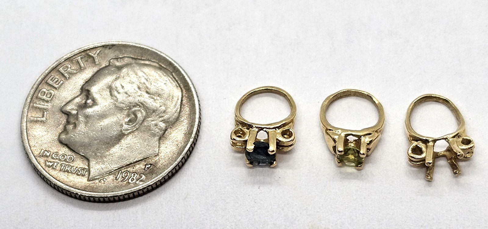 3 Tiny rings 14K yellow gold single birthstone charm sapphire, peridot .89 grams