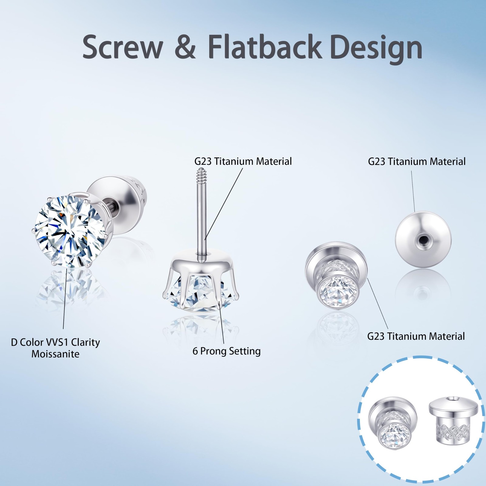 Moissanite Stud Earrings G23 Titanium Hypoallergenic Screw Back Moissanite Ea…