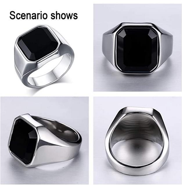Men’s Black Onyx Rings Stainless Steel Square Agate Signet Ring Band Size 7-12
