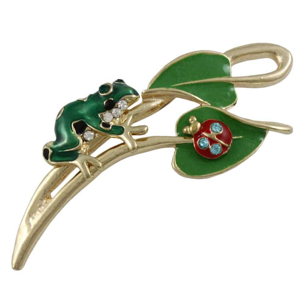 Green Enamel Frog with Ladybug on Leaf Brooch Pin – PRA822D