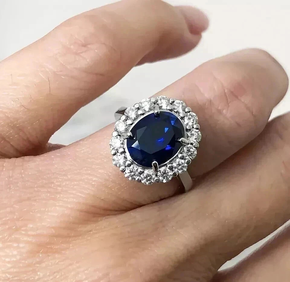 3.94Ct Oval Cut Natural Sapphire Diamond Engagement Ring 14K White Gold Size 6 7