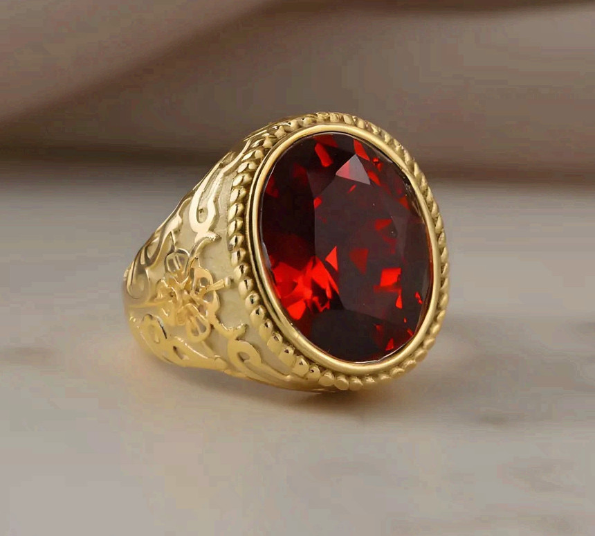 Red Stone Signet Ring Surgical Steel Gold Tone Statement Band