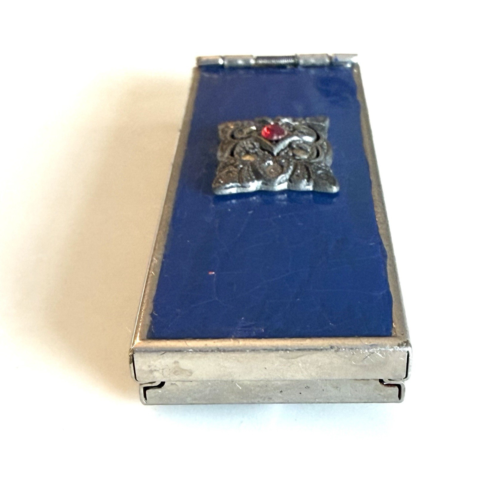 Art Deco Changette Brooch To Hold Dimes Silver Tone Blue Enamel Marcasites