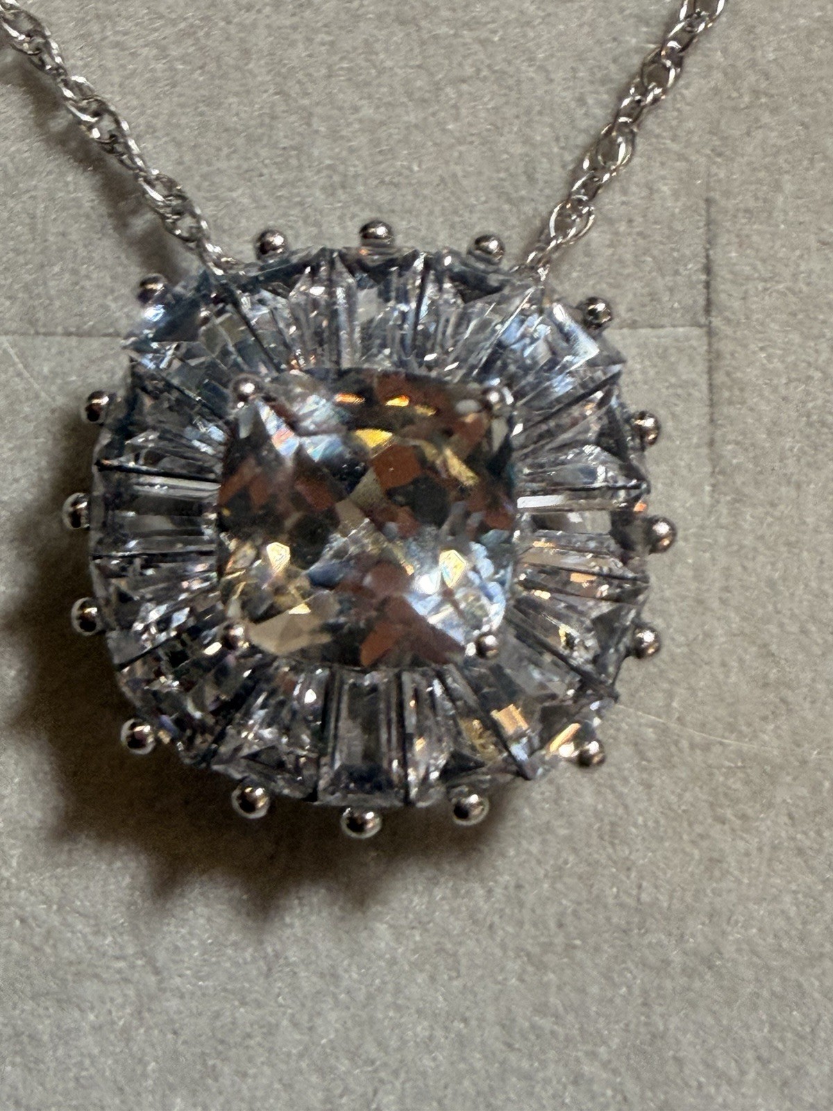 Zales White Sapphire Sunburst Frame Sterling Silver Pedant Necklace NWT