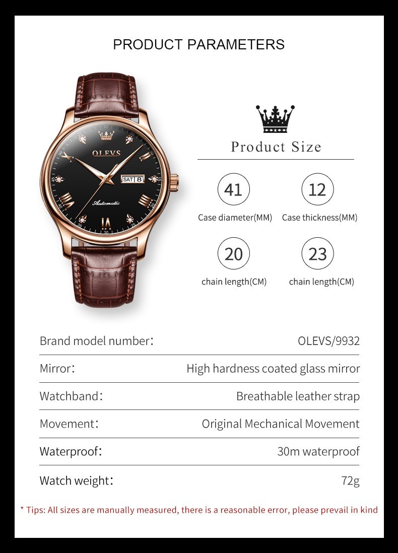 OLEVS 9932 Luxury Multi-functiom Leather Business Male Female Mechanical Watch