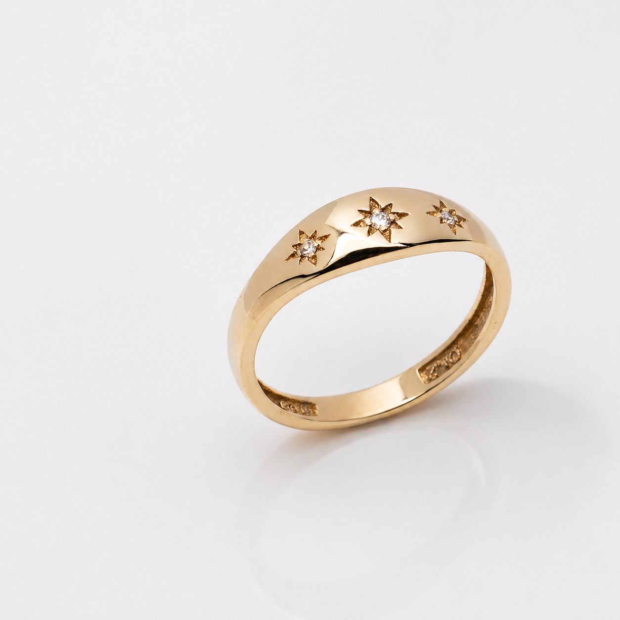 9k Solid Gold Starburst Signet Ring: Cubic Zirconia Polaris Ring