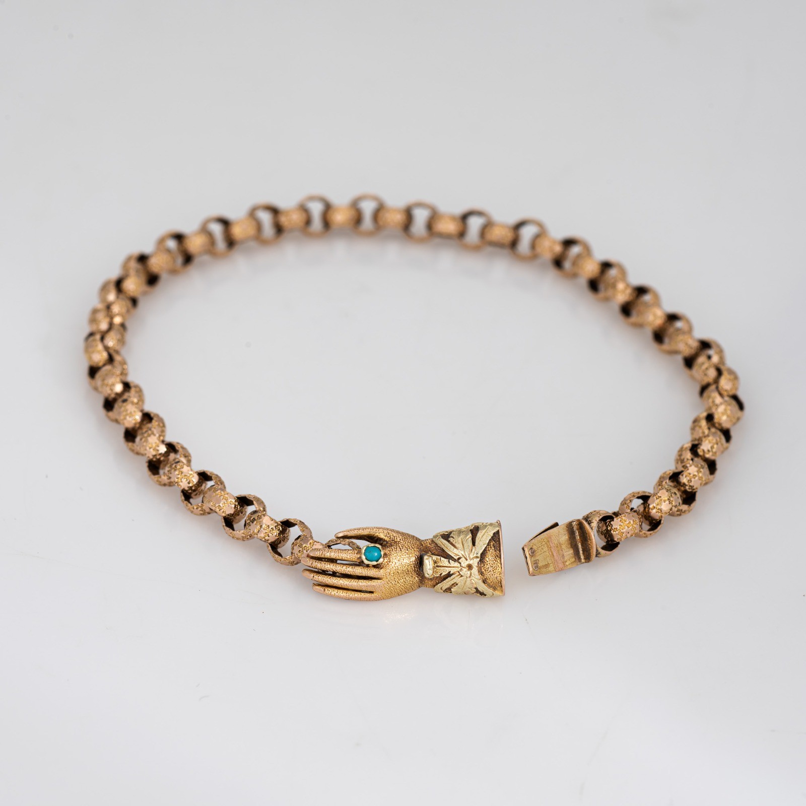 Antique Georgian Hand Clasp Bracelet 14k Yellow Gold Star Belcher Links 8″