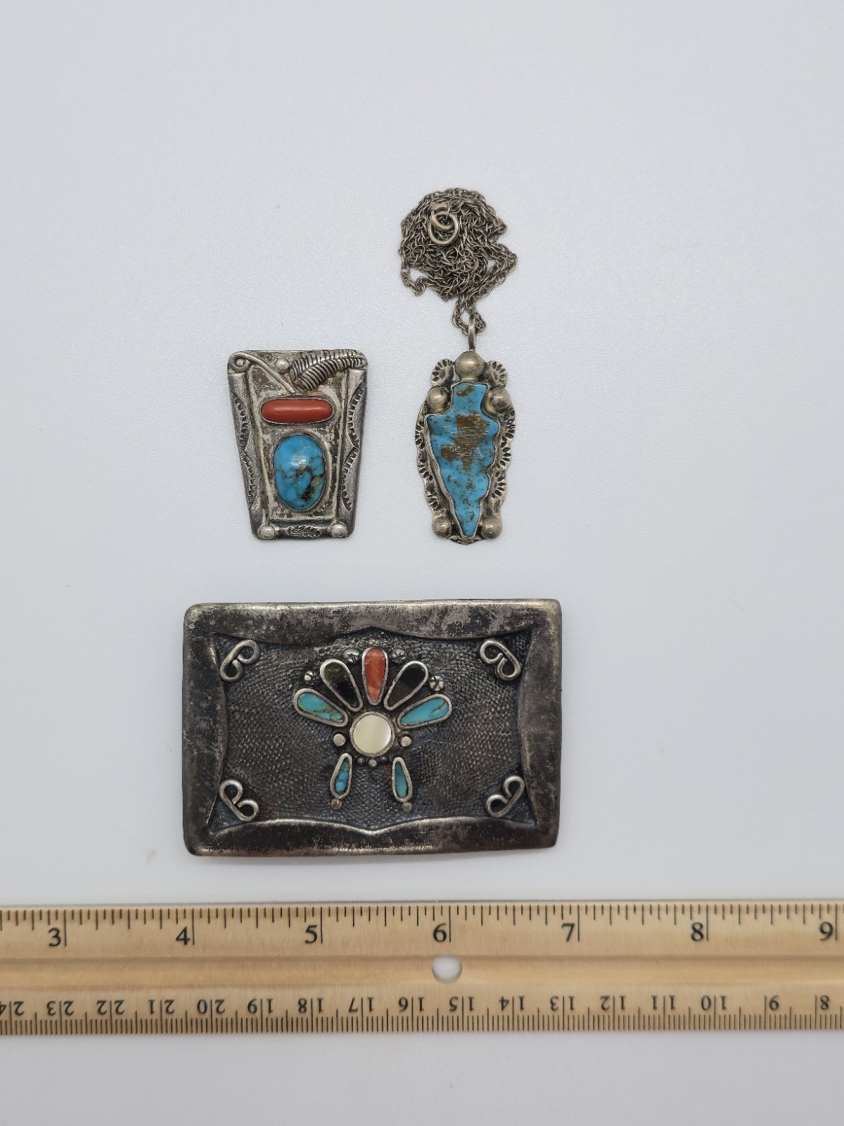 Vtg 1970s Navajo Sterling Silver Turquoise Coral Buckle Pendant Set Signed Begay