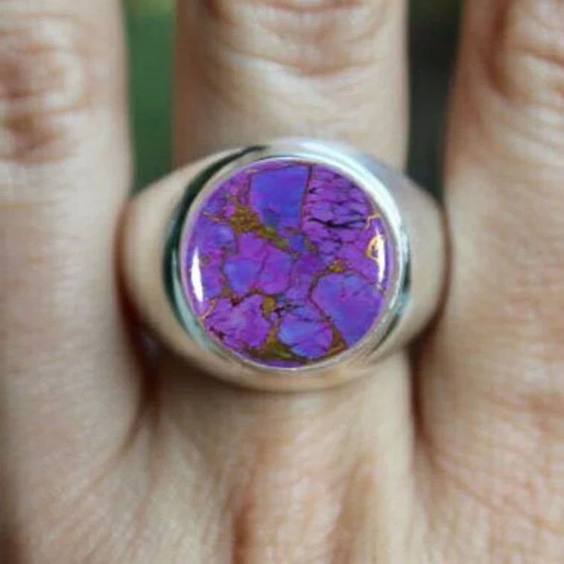 Solid 925 Sterling Silver AA Natural Purple Copper Turquoise Gemstone Men’s Ring