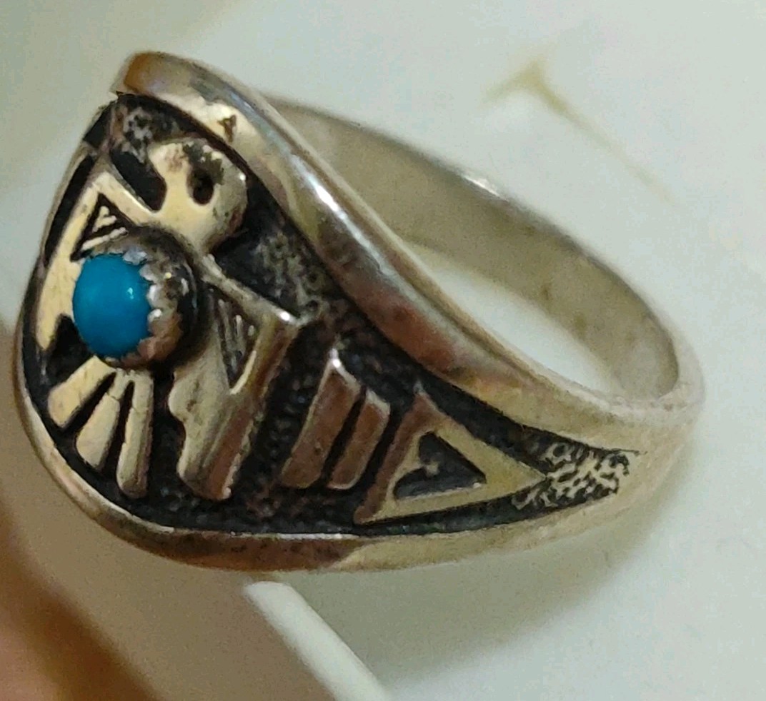 Wheeler Mfg Sterling Thunderbird Arrows Blue Bead Men’s Pinky Ring Sz 7