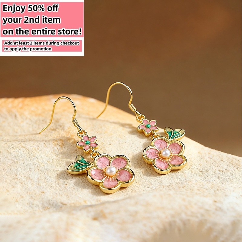 Pearl Enamel Dangle Earrings Boho Pink Flower Dainty Gemstone 18K Gold Plated