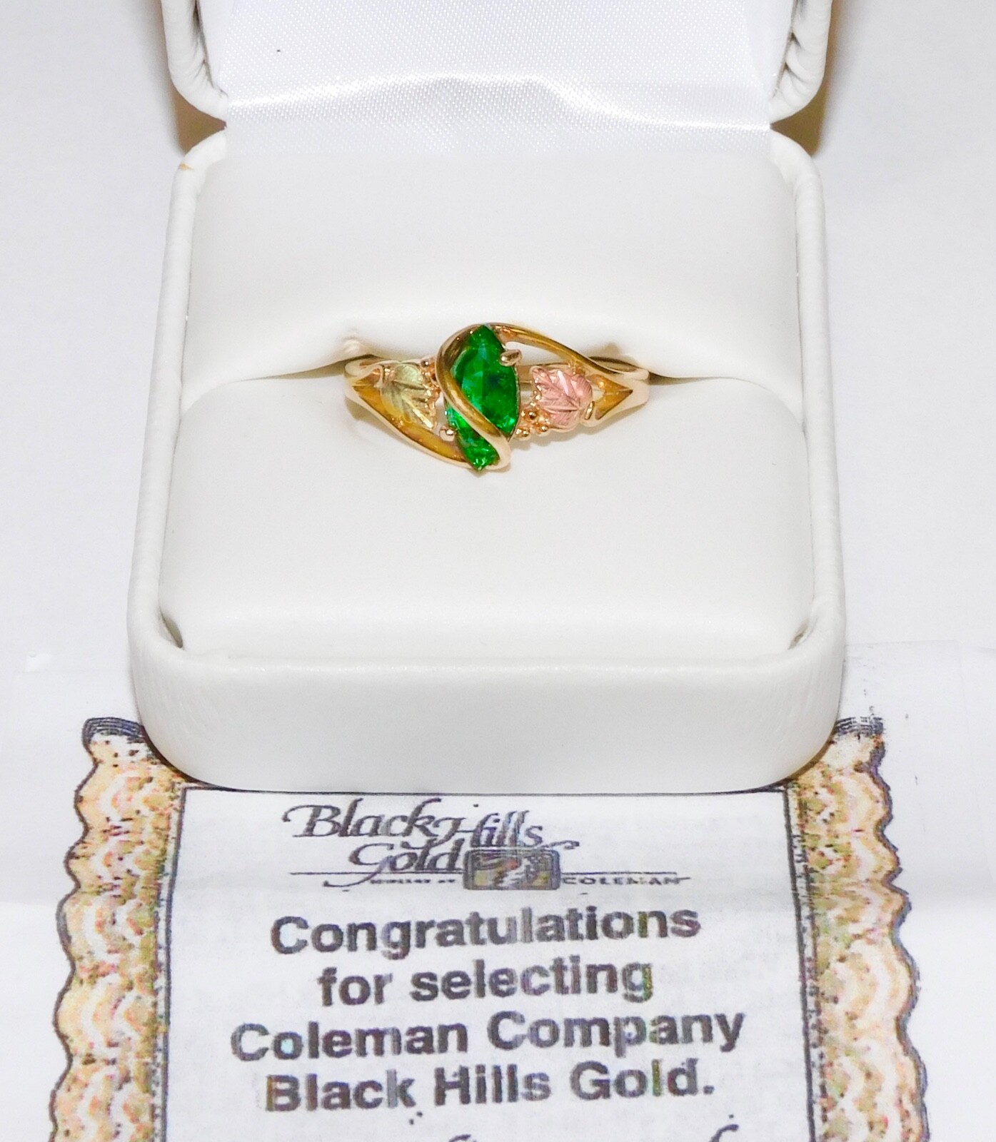 Black Hills Gold 10k Marquise Lab Created Emerald Leaves Ring Size 7