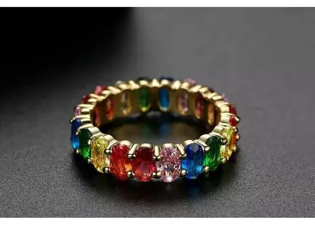 3.50Ct Oval Lab Created Multi Gemstone Full Eternity Ring 14K Yellow Gold Plated
